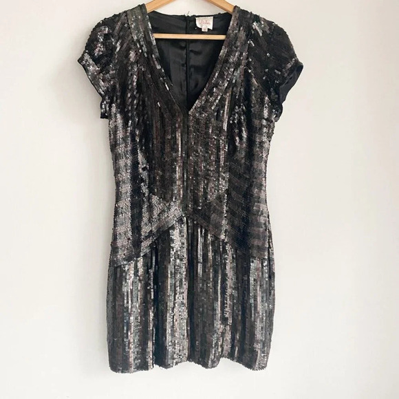 PArker All Sequin Black Brown Flapper Style Mini Dress M - Picture 4 of 10